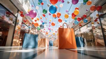 shopping borse con colorato palloncini nel shopping centro commerciale foto