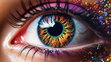 ai generato avvicinamento Immagine di un occhio con vibrante, multicolore iris, lungo ciglia, e decorato con colorato trucco o gemme. pelle tono non lo è completamente visibile foto