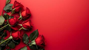 ai generato rosso Rose fiore su rosso sfondo. copia spazio. fiore telaio foto