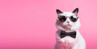 ai generato elegante bianca gatto con occhiali da sole e arco cravatta in posa su un' rosa sfondo, ampio copia spazio su il lato foto
