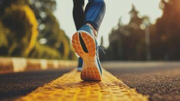 ai generato vicino su tiro di del corridore scarpe in esecuzione su il traccia. jogging, addestramento, fitness per salutare stile di vita foto