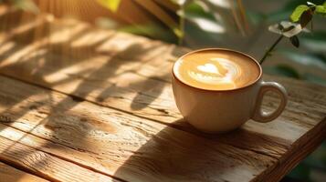 ai generato avvicinamento minimalista ceramica caffè boccale con cuore latte macchiato arte caldo toni dove il leggero brilla attraverso il le foglie su il tavolo. beige legna foto