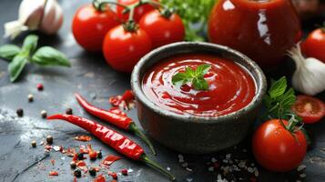 ai generato pomodoro ketchup, peperoncino salsa, puré con chili Pepe, pomodori e aglio foto