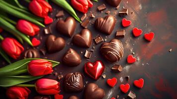 ai generato san valentino giorno sfondo con cioccolatini, cuori e rosso tulipani foto