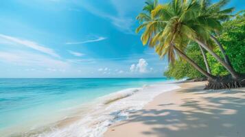 ai generato tranquillo spiaggia scena. esotico tropicale spiaggia paesaggio per sfondo o sfondo. design di estate vacanza vacanza concetto. foto