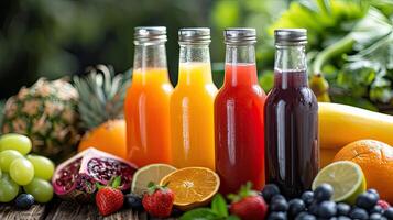 ai generato colorato succhi di frutta nel bicchiere bottiglie quello siamo posto su il sfondo di frutta e verdure foto
