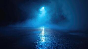 ai generato buio vuoto scena, blu neon faro luce, bagnato asfalto, Fumo, notte Visualizza, raggi. foto