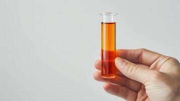 ai generato orizzontale tiro di mano Tenere liquido nel test tubo vicino su isolato su bianca sfondo. foto