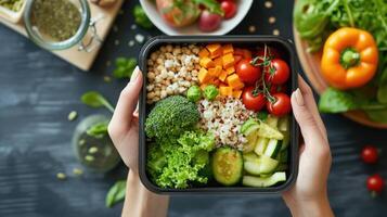 ai generato mano di donna Tenere pranzo scatola con salutare cibo su tavolo foto