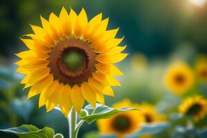 ai generato vicino su di un' girasole è fioritura nel giardino durante primavera con sfocato bokeh sfondo foto