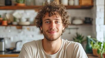 ai generato vicino su di un' giovane bello positivo Riccio uomo con blu occhi con un' sorridente viso indossare casuale beige t camicia guardare a telecamera e in piedi solo foto