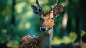 ai generato divertente cervo nel il foresta. avvicinamento. superficiale profondità di campo. foto