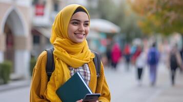 ai generato allegro arabo femmina alunno con smartphone e cartelle di lavoro in piedi all'aperto, contento giovane mezzo orientale donna a piedi nel città dopo Università classi, foto