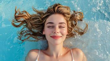 ai generato rilassato donna posa giù su acqua. superiore Visualizza di giovane donna godere sua fine settimana su il mare spiaggia, estate tempo foto