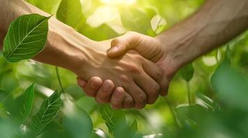 ai generato stretta di mano con verde le foglie. persone proteggere inquinamento e clima modificare, natura protezione, ambientale conservazione foto