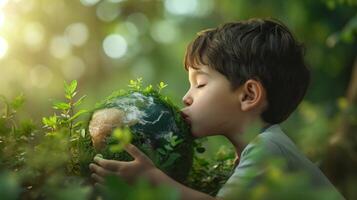 ai generato poco ragazzo baci pianeta terra contro verde natura sfondo. terra giorno, ambiente giorno, Salva il mondo, ambientale conservazione foto