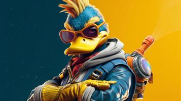 ai generato 3d anatra portafortuna esport giocatore. Duckman gioco personaggio sfondo, esport squadra illustrazione foto