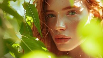 ai generato ritratto di bellissimo donna con verde le foglie per naturale prodotti pubblicità. attraente brunetta ragazza con salutare pelle, liscio viso, bellezza trattamenti, cosmetici foto