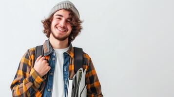 ai generato ritratto di sorridente giovane Università alunno con libri e zaino contro bianca backgroud foto