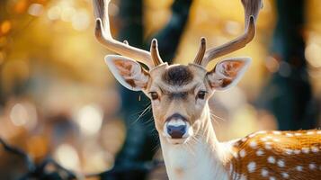 ai generato divertente cervo nel il foresta. avvicinamento. superficiale profondità di campo. foto