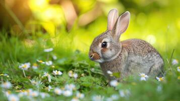ai generato coniglio nel il prato con fiori, superficiale profondità di campo foto