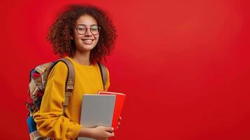 ai generato giovane Riccio alunno donna indossare zaino bicchieri Tenere libri e tavoletta al di sopra di isolato rosso sfondo. foto