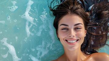 ai generato rilassato donna posa giù su acqua. superiore Visualizza di giovane donna godere sua fine settimana su il mare spiaggia, estate tempo foto