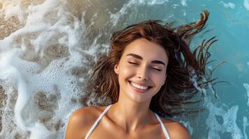 ai generato rilassato donna posa giù su acqua. superiore Visualizza di giovane donna godere sua fine settimana su il mare spiaggia, estate tempo foto