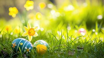 ai generato Pasqua uova nascondiglio nel il erba con narciso foto