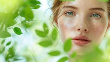 ai generato ritratto di bellissimo donna con verde le foglie per naturale prodotti pubblicità. attraente brunetta ragazza con salutare pelle, liscio viso, bellezza trattamenti, cosmetici foto