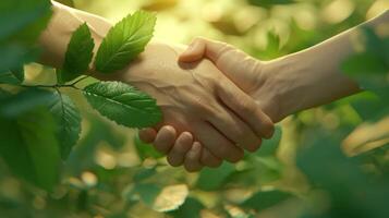 ai generato stretta di mano con verde le foglie. persone proteggere inquinamento e clima modificare, natura protezione, ambientale conservazione foto