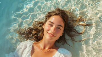 ai generato rilassato donna posa giù su acqua. superiore Visualizza di giovane donna godere sua fine settimana su il mare spiaggia, estate tempo foto