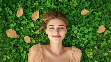 ai generato rilassato donna posa giù su verde erba sfondo. superiore Visualizza di giovane donna godere sua la libertà con natura, naturale alternativa terapia foto