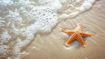 ai generato stella marina su il sabbia spiaggia nel chiaro mare acqua. estate sfondo. estate tempo .copia spazio. rilassante su il spiaggia. foto