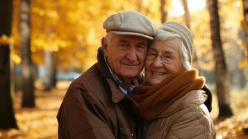 ai generato contento anziano coppia nel autunno parco foto