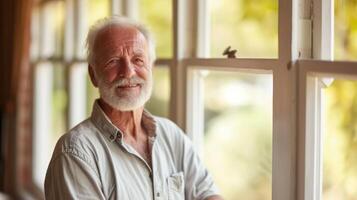 ai generato ritratto di contento pensionato anziano uomo in piedi a casa vicino finestra. foto