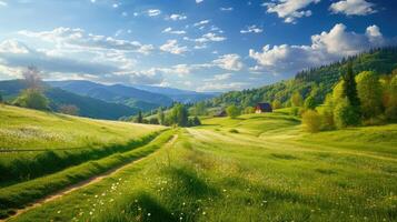 ai generato bellissimo campagna di Romania. soleggiato pomeriggio. meraviglioso primavera paesaggio nel montagne. erboso campo e rotolamento colline. rurale scenario foto