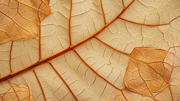 ai generato vicino su di fibra struttura di asciutto le foglie struttura sfondo. cellula modelli di scheletri foglie, fogliame rami foto