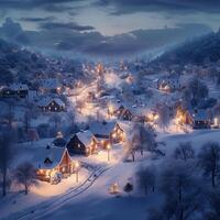 ai generato villaggio coperto nel neve, illuminato di morbido notte luci per sociale media inviare dimensione foto