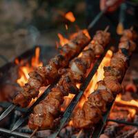 ai generato uomo griglie shish kebab al di sopra di fiamme, frizzante con prelibatezza per sociale media inviare dimensione foto