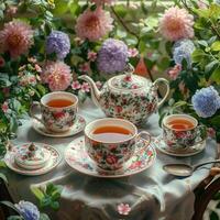 ai generato foto tè impostato con elegante floreale stoviglie accompagnato di bellissimo fiori per sociale media inviare dimensione