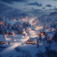 ai generato villaggio coperto nel neve, illuminato di morbido notte luci per sociale media inviare dimensione foto