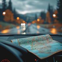 ai generato auto viaggio avventura con strada carta geografica navigazione il viaggio avanti per sociale media inviare dimensione foto