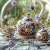 ai generato floreale a tema tè impostato ornato con delicato fiori per elegante presentazione per sociale media inviare dimensione foto