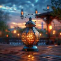 ai generato Ramadan riflessi lanterna su tavolo con sereno fondale scena per sociale media inviare dimensione foto