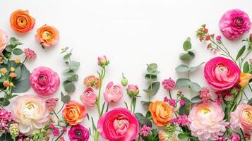 ai generato floreale confine di rosa e arancia ranuncolo, giacinto e eucalipto su un' bianca sfondo. superiore Visualizza foto