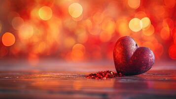 ai generato rosso cuore, San Valentino giorno saluto carta. bokeh sfondo. foto