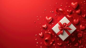 ai generato carta arte San Valentino giorno concetto bandiera con mano fatto regalo scatola, carta tagliare nastro, arco, e un' lotto di cuori su un' rosso sfondo con spazio per testo. foto