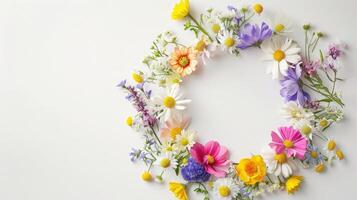 ai generato fiori composizione. ghirlanda fatto di vario colorato fiori su bianca sfondo. Pasqua, molla, estate concetto. piatto posizione, superiore Visualizza, copia spazio foto