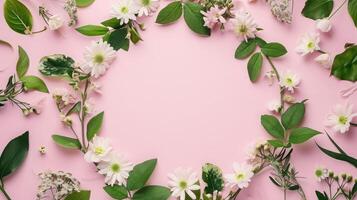 ai generato ghirlanda fatto di bellissimo fiori e verde le foglie su pallido rosa sfondo, piatto posizione. spazio per testo foto